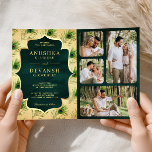 Convite Casamento Código QR de Penas de Pavão Verde Vintag
