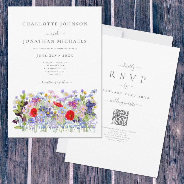Convite Casamento Código QR de Prado de Flores Silvestres  (Boho Wildflower meadow watercolor wedding invitation with elegant typography script )