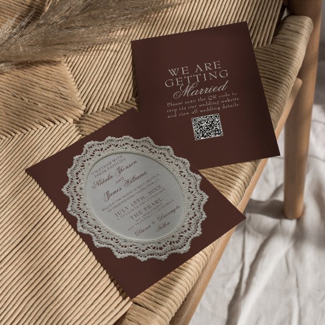Convite Casamento Código QR de Renda Marrom Chocolate Vint (Criador carregado)