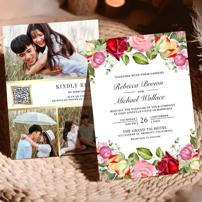Convite Casamento Código QR de Rosas Rosa e Vermelhas Româ (Criador carregado)