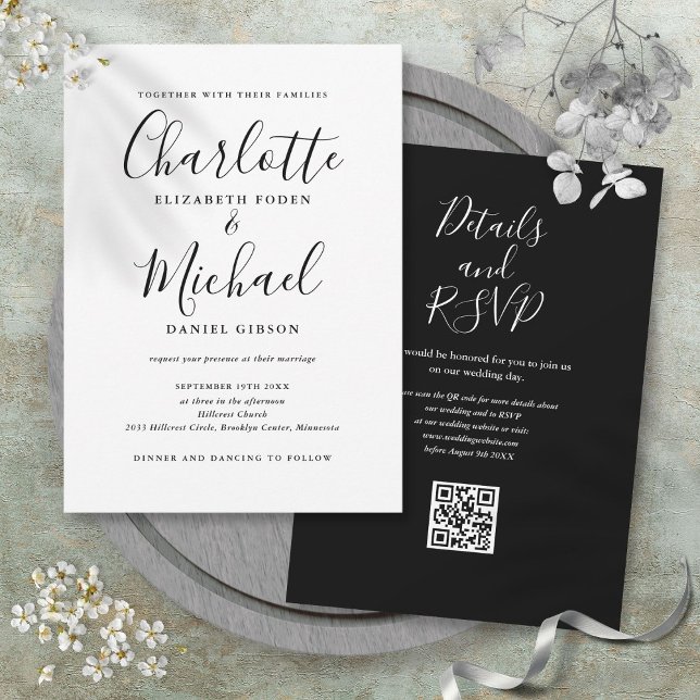 Convite Casamento Código QR de Script Elegante Preto e Bra (Black And White Elegant Script QR Code Wedding Invitation)
