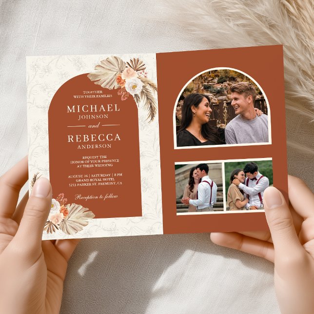 Convite Casamento Código QR de Terracota de Pampas Florais (Criador carregado)