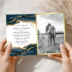 Convite Casamento Código QR de Tinta Abstrata Azul Naval D