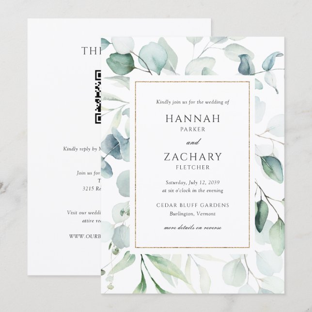 Convite Casamento Código QR de Vegetação em Aquarela Elega (Frente/Verso)