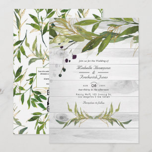 Convite Casamento Código QR de Vegetação em Aquarela Rústi