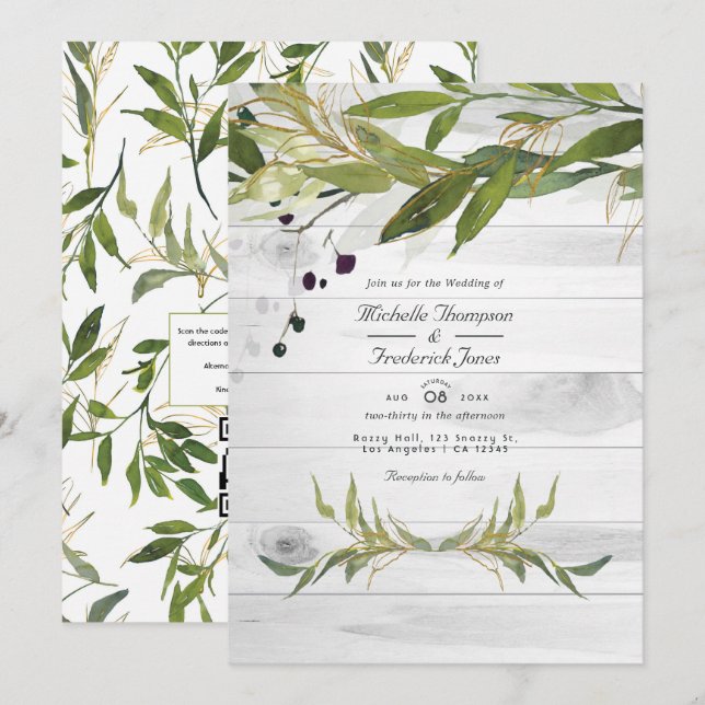 Convite Casamento Código QR de Vegetação em Aquarela Rústi (Frente/Verso)