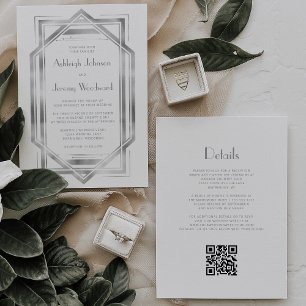 Convite Casamento Código QR Deco Vintage Prata Branca 1920