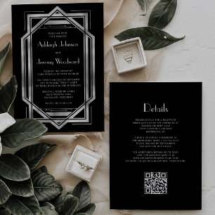 Convite Casamento Código QR Deco Vintage Preto Prata 1920