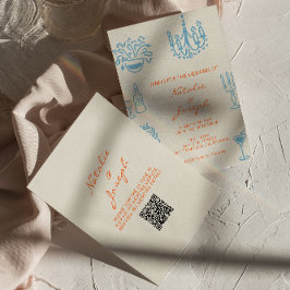 Convite Casamento Código QR Desenhado à Mão Laranja Azul