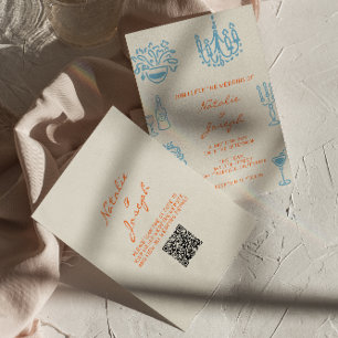 Convite Casamento Código QR Desenhado à Mão Laranja Azul
