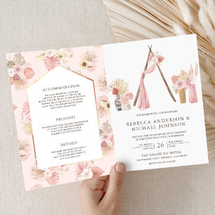 Convite Casamento Código QR do Arco de Boho Floral Rosa Em