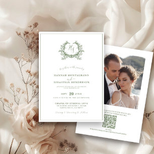 Convite Casamento Código QR do Brasão de Monograma Verde O