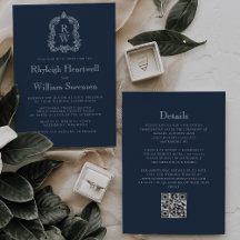 Casamento Código QR do Brasão Monograma Azul Marin