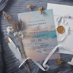 Convite Casamento Código QR do Pôr do Sol na Praia Pastel