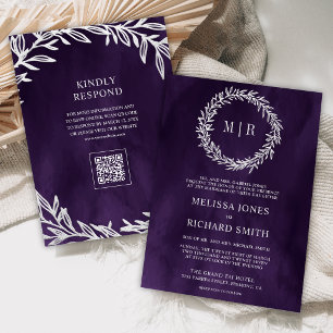 Convite Casamento Código QR do Ramo de Folha de Prata Roxo