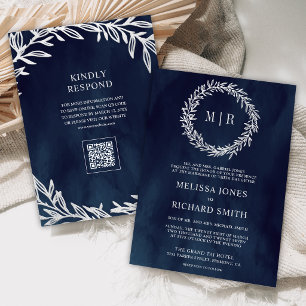 Convite Casamento Código QR do Ramo de Folha Prata Azul Ma