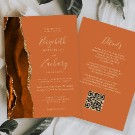 Convite Casamento Código QR Dourado Ágata Laranja Queimada