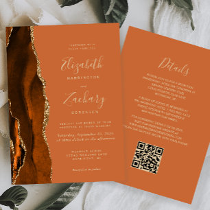 Convite Casamento Código QR Dourado Ágata Laranja Queimada