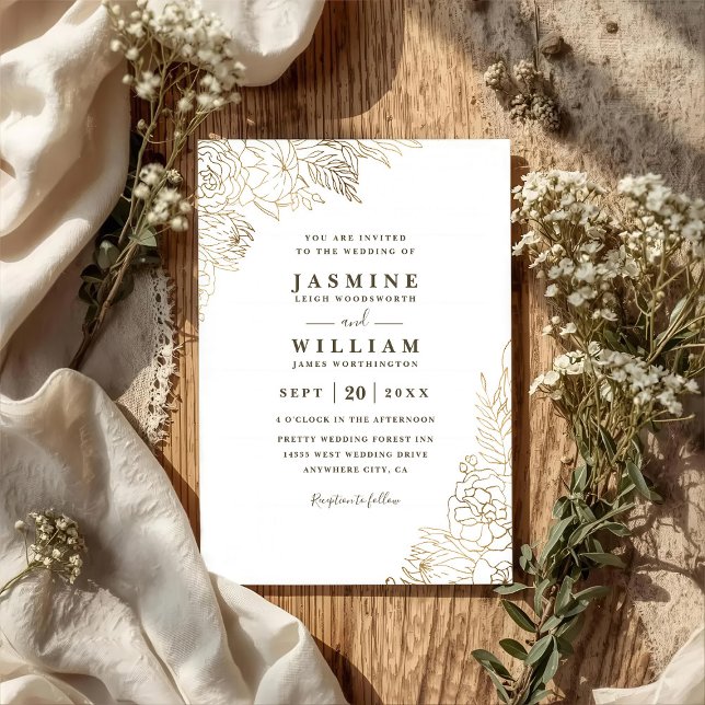 Convite Casamento Código QR Dourado Floral Linha Dourada M (Criador carregado)