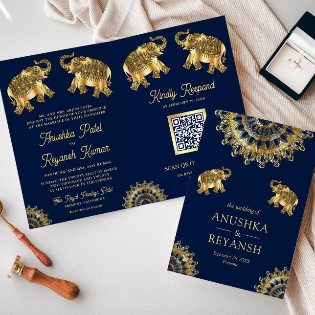 Convite Casamento Código QR Elefantes Étnicos Ouro Azul Ín (Criador carregado)