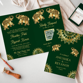 Convite Casamento Código QR Elefantes Étnicos Ouro Verde I