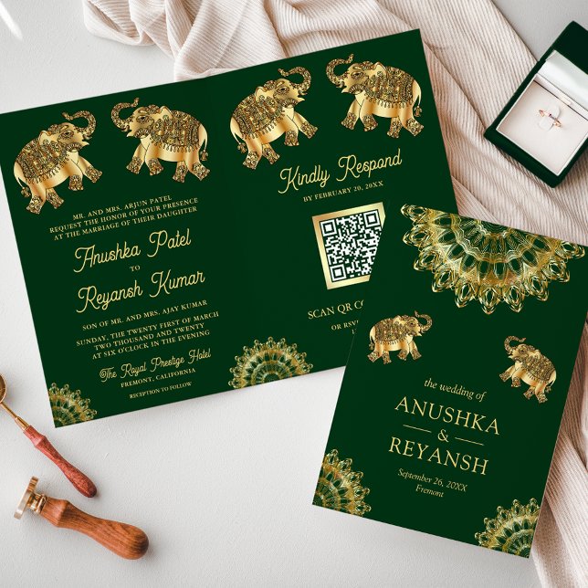 Convite Casamento Código QR Elefantes Étnicos Ouro Verde I (Criador carregado)