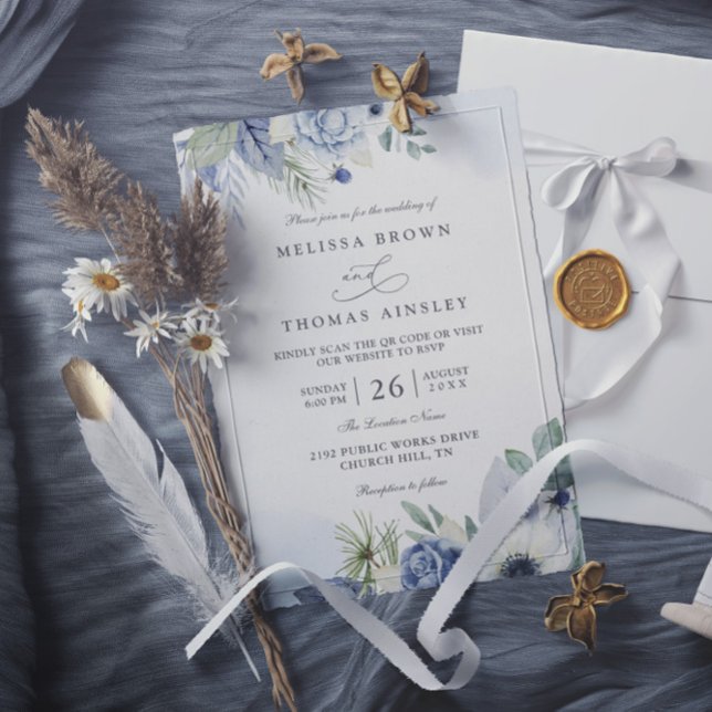 Convite Casamento Código QR Elegante Aquarela Azul Verde (Criador carregado)
