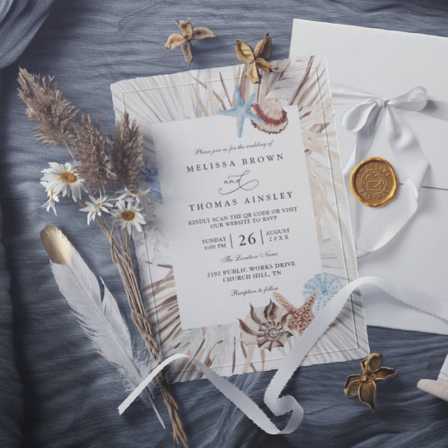 Convite Casamento Código QR Elegante Aquarela Mar Boho Pra (Criador carregado)