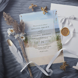 Convite Casamento Código QR Elegante Aquarela Oceano Praia