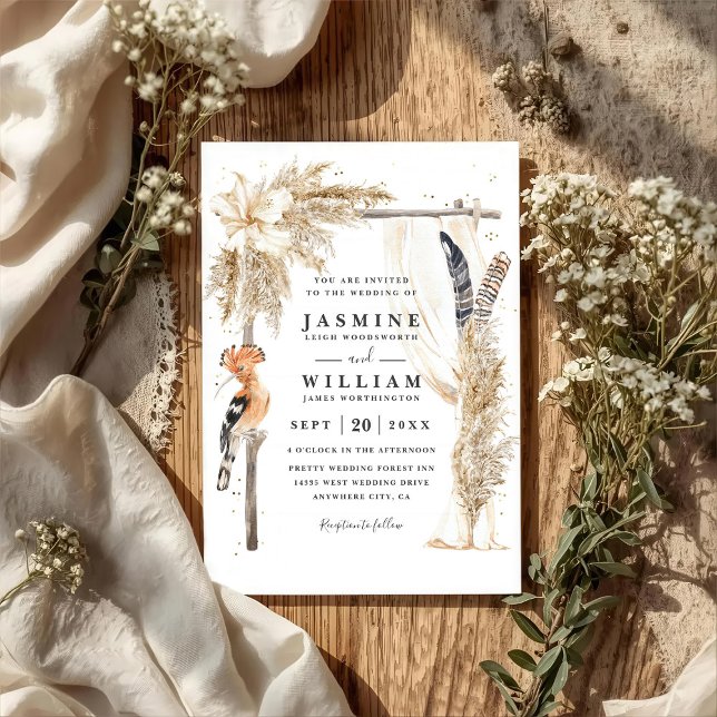 Convite Casamento Código QR Elegante Dossel Boho Pampas (Criador carregado)