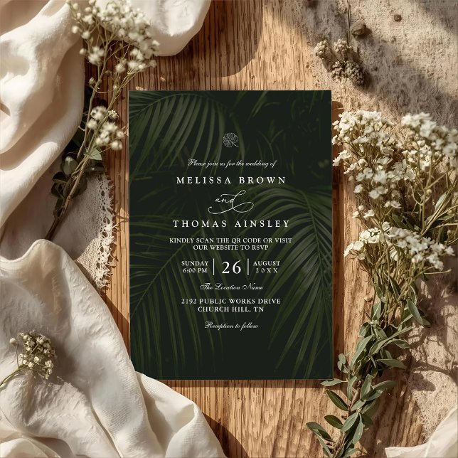 Convite Casamento Código QR Elegante Folhas de Palmeira Tr (Criador carregado)