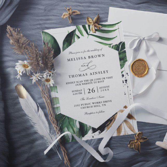 Convite Casamento Código QR Elegante Folhas de Palmeira Tr (Criador carregado)