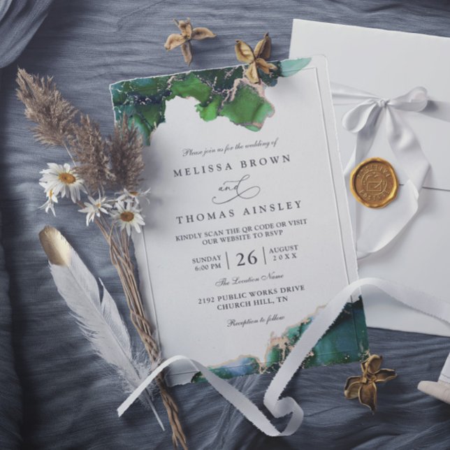 Convite Casamento Código QR Elegante Maré Verde Esmeralda (Criador carregado)