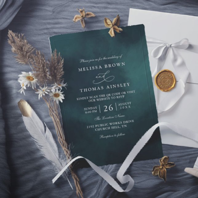 Convite Casamento Código QR Elegante Monograma Verde Esmer (Criador carregado)