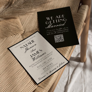 Convite Casamento Código QR Elegante Preto Branco Dinheiro
