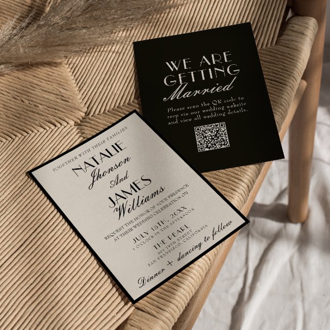 Convite Casamento Código QR Elegante Preto Branco Dinheiro (Criador carregado)