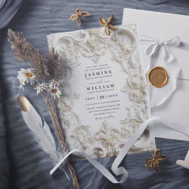 Convite Casamento Código QR Elegante Relevo Barroco Vintag (Criador carregado)
