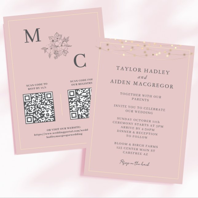 Convite Casamento Código QR Elegante Rosa Corado (Criador carregado)