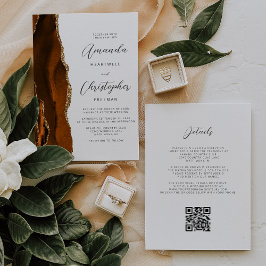 Convite Casamento Código QR em Ágata Dourado Laranja Queim