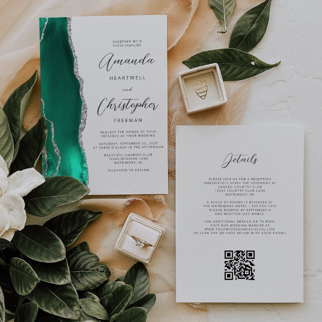 Convite Casamento Código QR em Ágata Prata Verde Espuma do (Criador carregado)