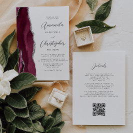 Convite Casamento Código QR em Ágata Vermelha de Bordô Pra