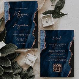 Convite Casamento Código QR em Azul Marinho e Dourado Rosa