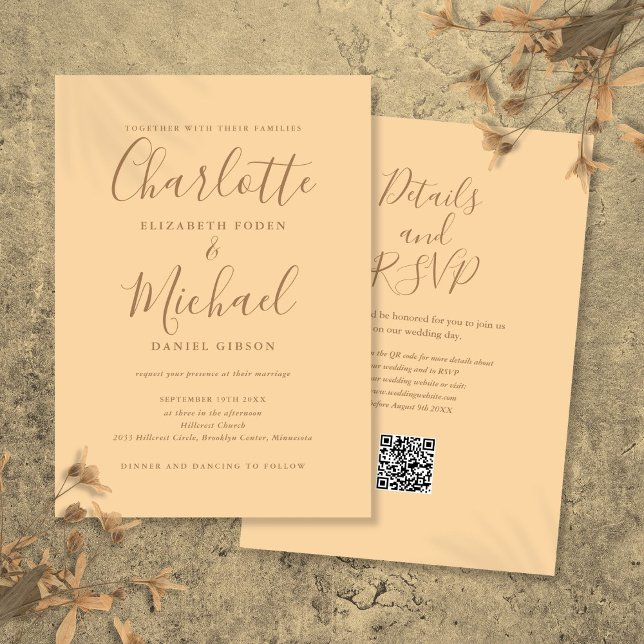 Convite Casamento Código QR em Champagne Elegant Script (Champagne Elegant Script QR Code Wedding Invitation)