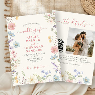 Convite casamento código QR em escrita elegante boho flor