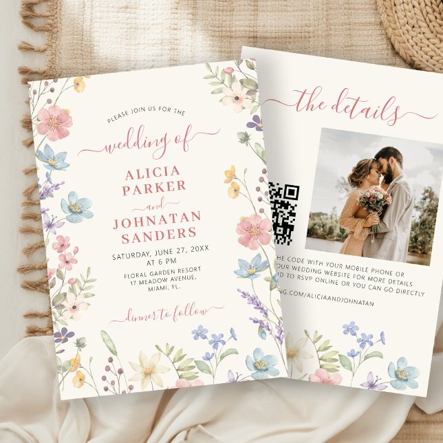 Convite casamento código QR em escrita elegante boho flor  (Criador carregado)
