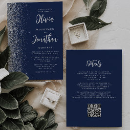 Convite Casamento Código QR em Grafite Prateado Azul Naval