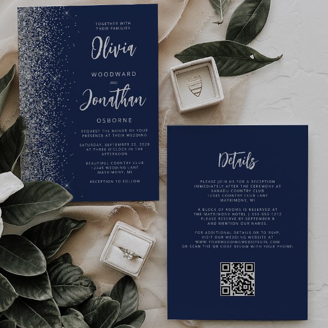 Convite Casamento Código QR em Grafite Prateado Azul Naval (Criador carregado)
