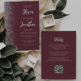 Convite Casamento Código QR em Grafite Prateado Burgundy