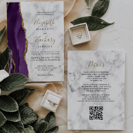 Convite Casamento Código QR em Mármore Ágata Dourada Roxa