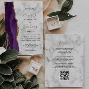 Convite Casamento Código QR em Mármore Ágata Dourada Roxa
